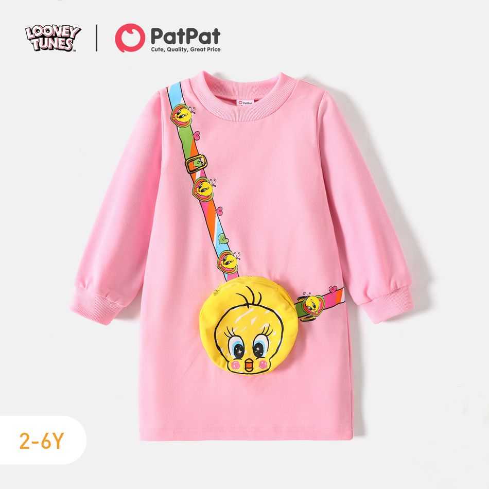 Looney Tunes Toddler Girl Tweety Pocket Design Sweatshirt Dress Pink big image 1