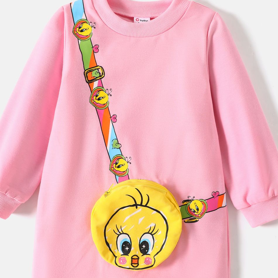 Looney Tunes Toddler Girl Tweety Pocket Design Sweatshirt Dress Pink big image 4