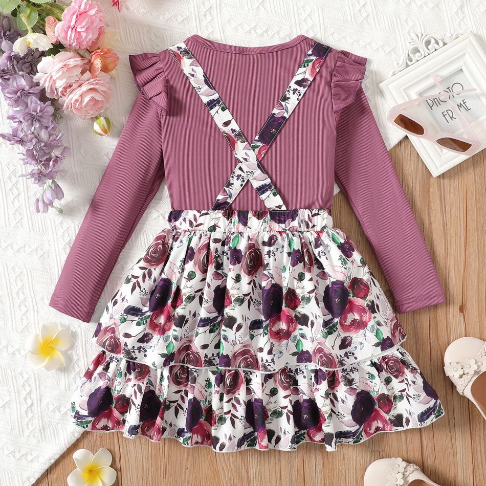 2pcs Kid Girl Ruffled Ribbed Tee and Floral Print Suspender Skirt Set Purple