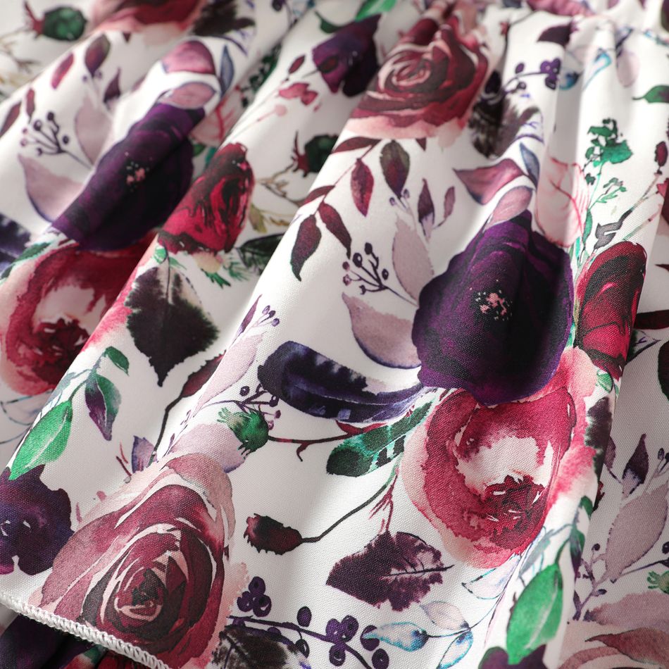 2pcs Kid Girl Ruffled Ribbed Tee and Floral Print Suspender Skirt Set Purple big image 3