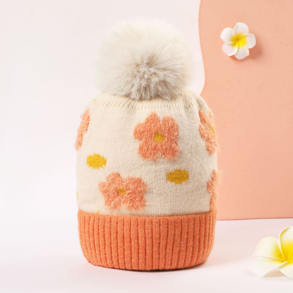 Baby / Toddler Floral Pattern Thermal Knitted Beanie Hat Beige big image 3