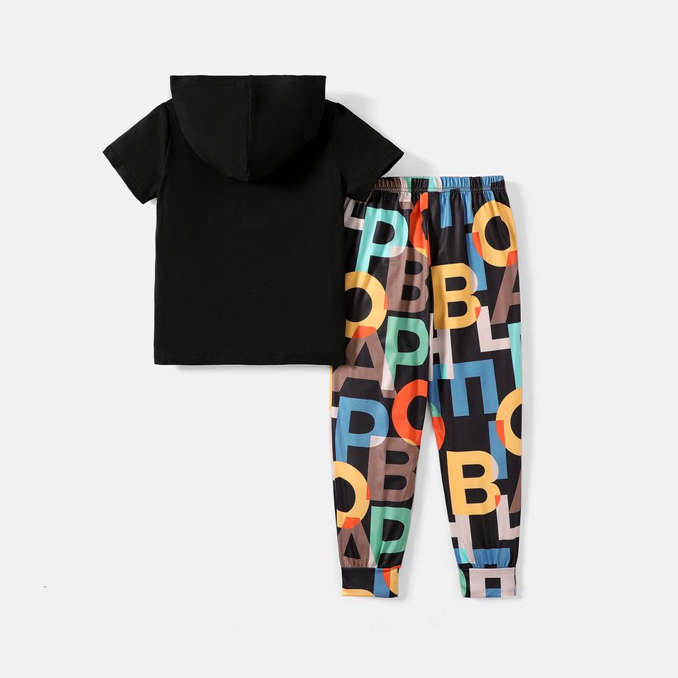 2pcs Kid Boy Letter Print Short-sleeve Hooded Tee and Pants Set Black
