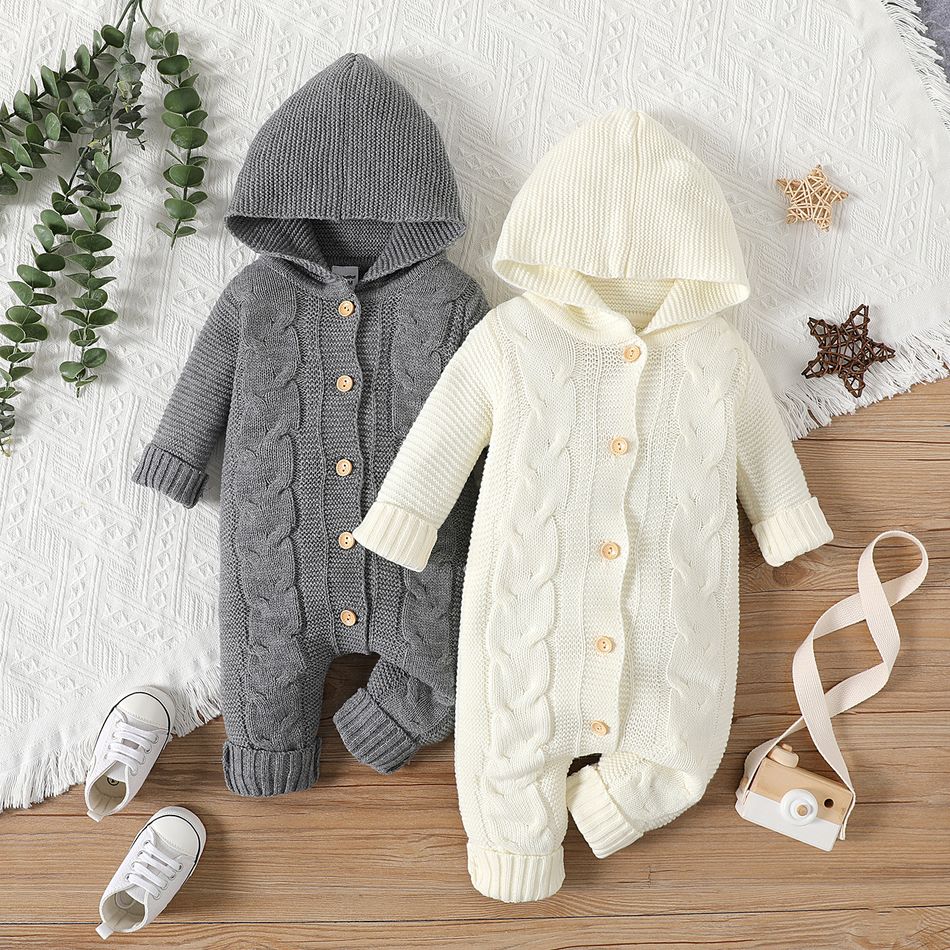 Baby Boy/Girl Solid Knitted Hooded Long-sleeve Button Jumpsuit OffWhite big image 2