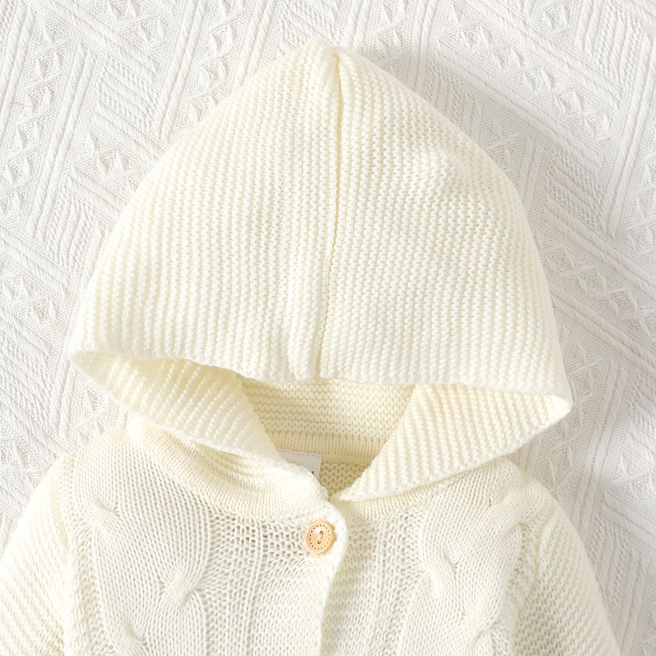 Baby Boy/Girl Solid Knitted Hooded Long-sleeve Button Jumpsuit OffWhite big image 4