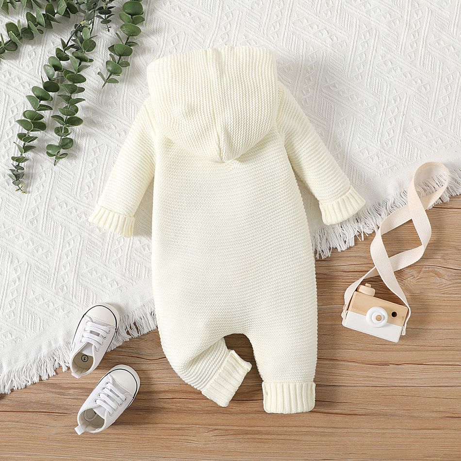 Baby Boy/Girl Solid Knitted Hooded Long-sleeve Button Jumpsuit OffWhite big image 3