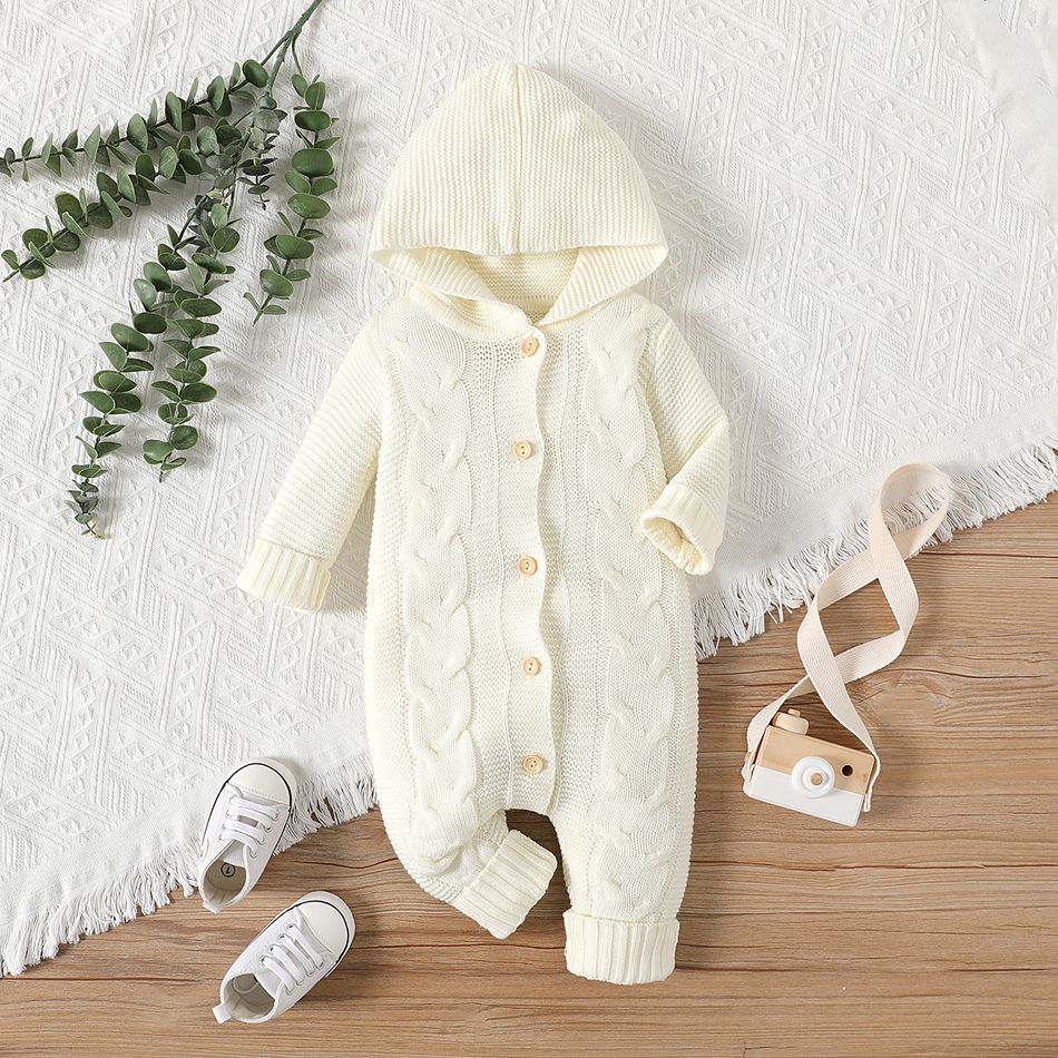 Baby Boy/Girl Solid Knitted Hooded Long-sleeve Button Jumpsuit OffWhite big image 1