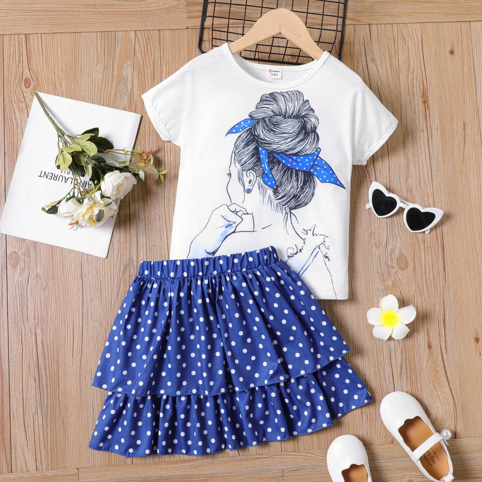 2pcs Kid Girl Figure Print Short-sleeve Tee and Polka dots Layered Skirt Set White big image 1