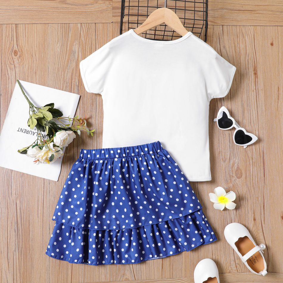 2pcs Kid Girl Figure Print Short-sleeve Tee and Polka dots Layered Skirt Set White big image 2
