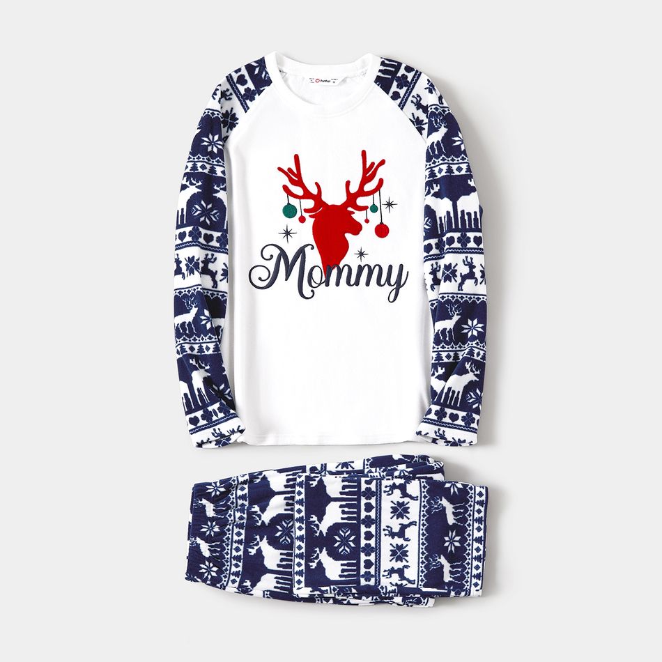 Christmas Family Matching Deer & Letter Graphic Allover Print Raglan-sleeve Thickened Polar Fleece Pajamas Sets (Flame Resistant) DeepSapphireBlue big image 5