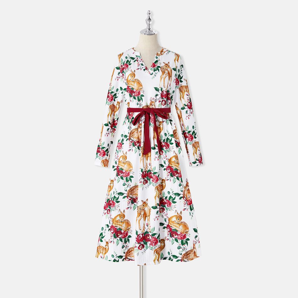Family Matching Allover Floral Print Rib Knit Long-sleeve Dresses and Colorblock Polo Shirts Sets MAROON big image 2