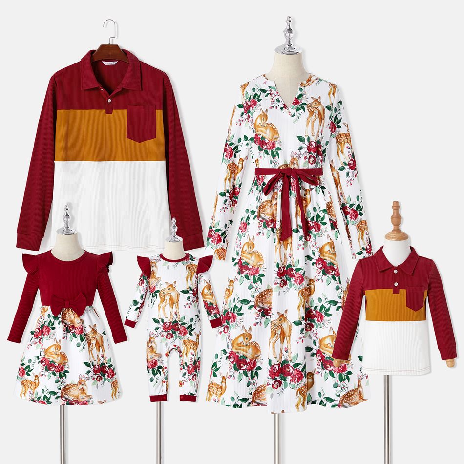 Family Matching Allover Floral Print Rib Knit Long-sleeve Dresses and Colorblock Polo Shirts Sets MAROON big image 1