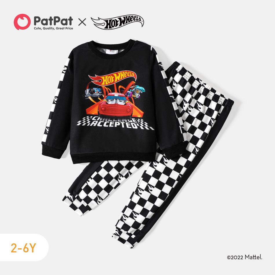 Hot Wheels 2pcs Toddler Boy Plaid Splice Sweatshirt and Elasticized Pants Set Black big image 1