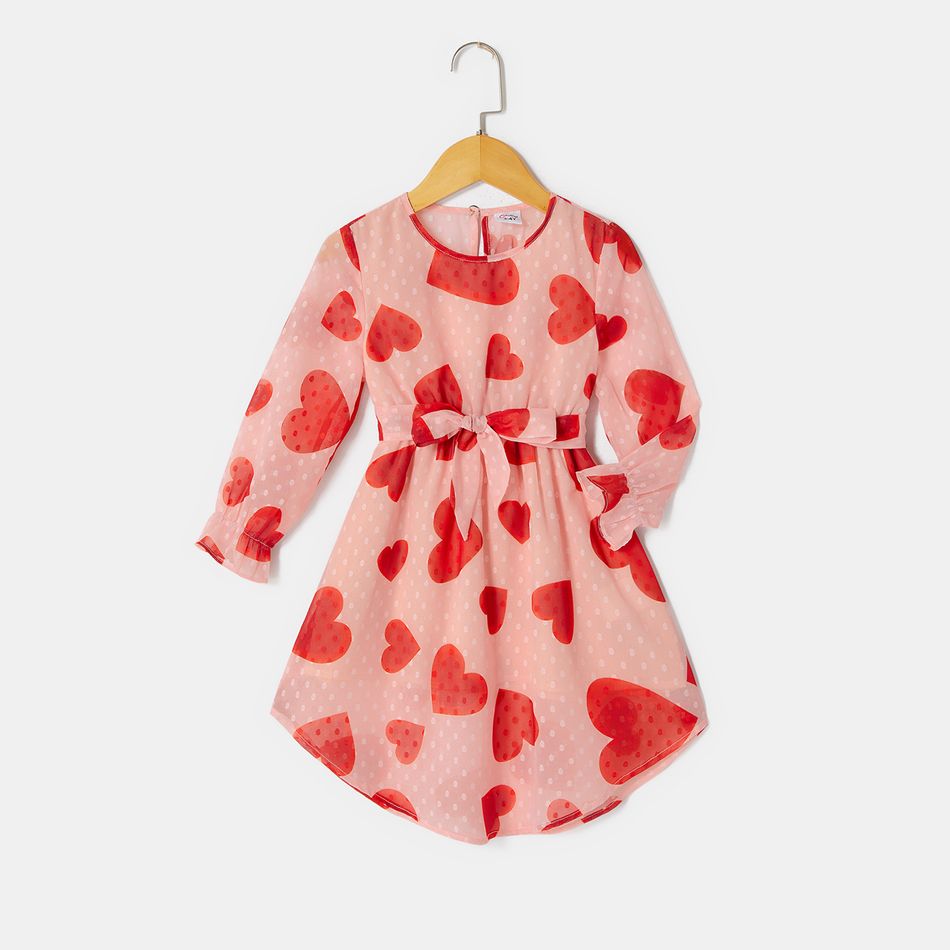 Valentine's Day Mommy and Me Allover Heart & Dots Print Long-sleeve Belted Chiffon Dresses Pink big image 5