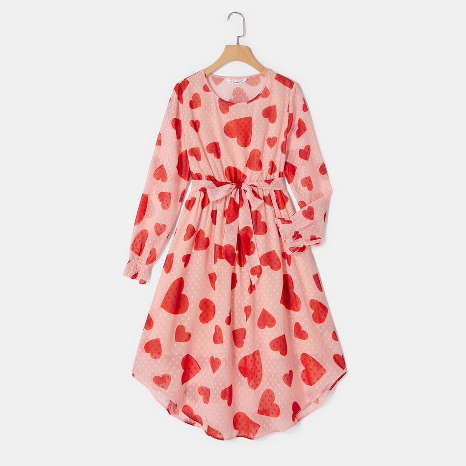 Valentine's Day Mommy and Me Allover Heart & Dots Print Long-sleeve Belted Chiffon Dresses Pink big image 2