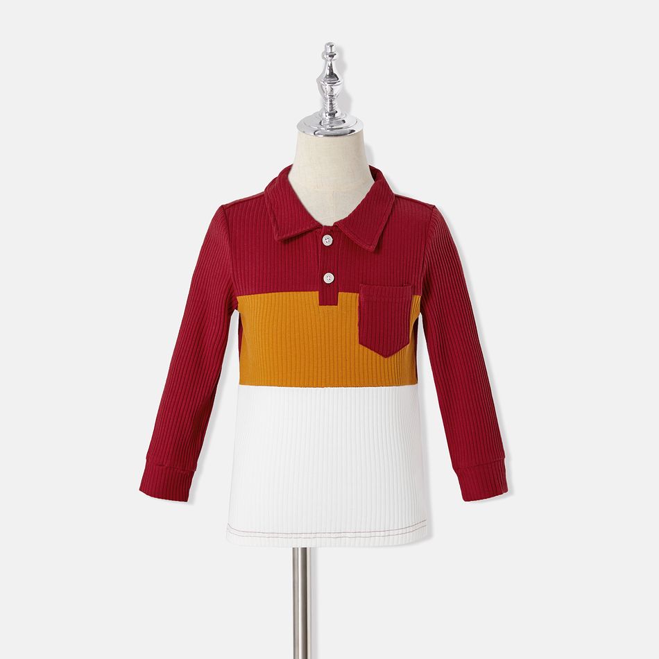 Family Matching Allover Floral Print Rib Knit Long-sleeve Dresses and Colorblock Polo Shirts Sets MAROON big image 13