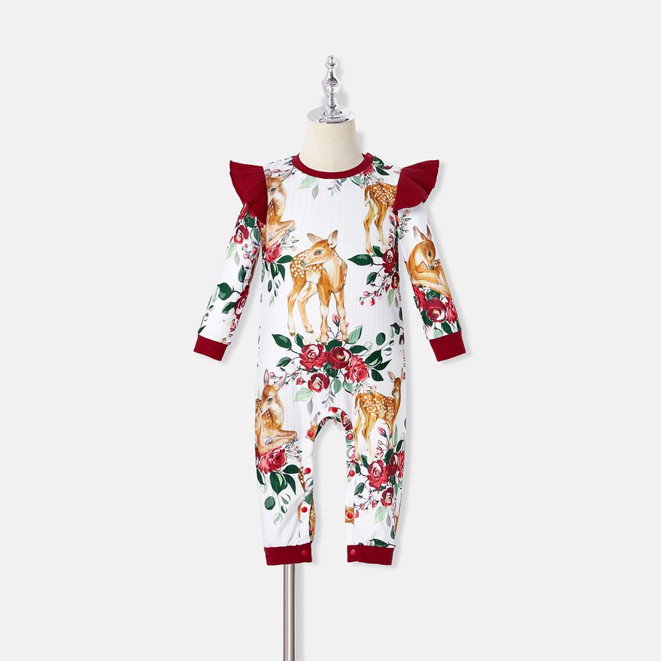 Family Matching Allover Floral Print Rib Knit Long-sleeve Dresses and Colorblock Polo Shirts Sets MAROON big image 17