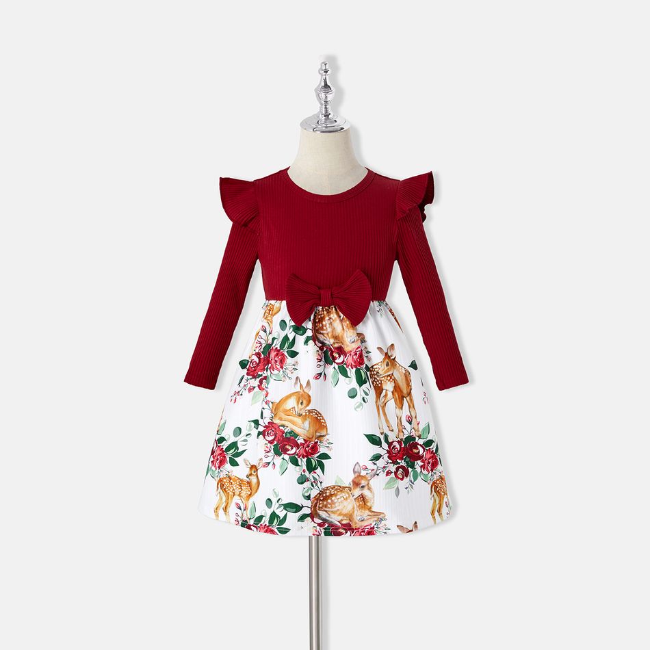 Family Matching Allover Floral Print Rib Knit Long-sleeve Dresses and Colorblock Polo Shirts Sets MAROON big image 10