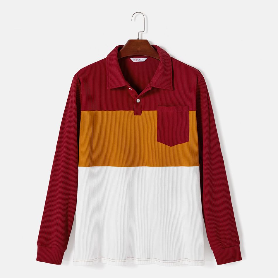 Family Matching Allover Floral Print Rib Knit Long-sleeve Dresses and Colorblock Polo Shirts Sets MAROON big image 6