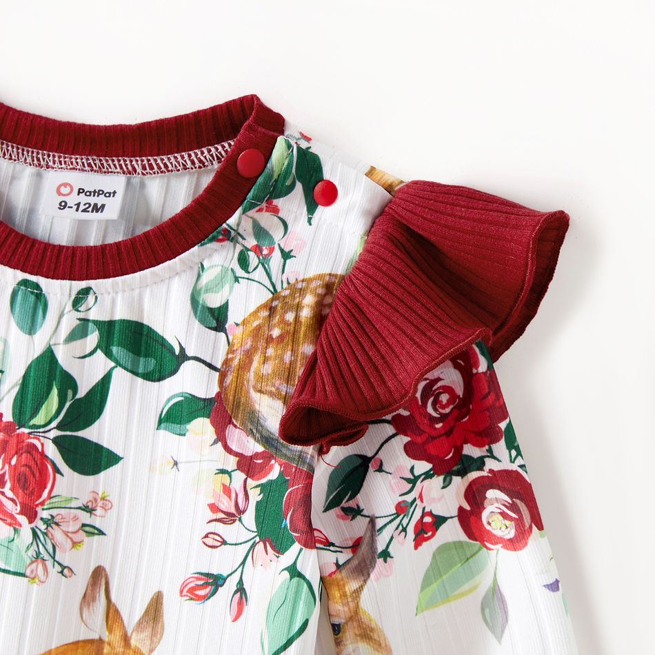 Family Matching Allover Floral Print Rib Knit Long-sleeve Dresses and Colorblock Polo Shirts Sets MAROON big image 18