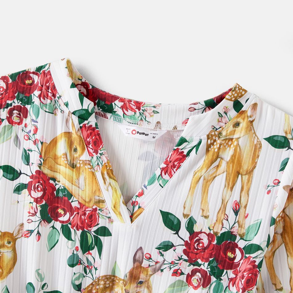 Family Matching Allover Floral Print Rib Knit Long-sleeve Dresses and Colorblock Polo Shirts Sets MAROON big image 3