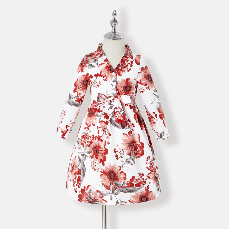 Family Matching 95% Cotton Striped Polo Shirts and Allover Floral Print Long-sleeve Belted Midi Dresses Sets rediance big image 11