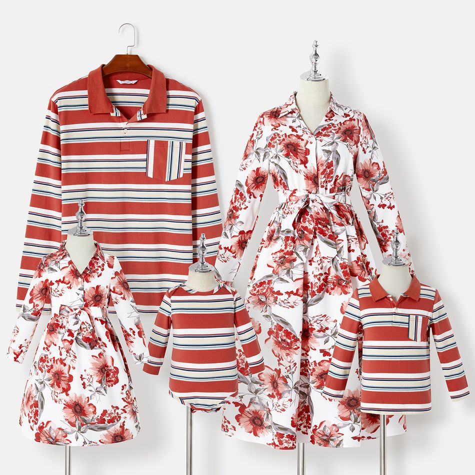 Family Matching 95% Cotton Striped Polo Shirts and Allover Floral Print Long-sleeve Belted Midi Dresses Sets rediance big image 1