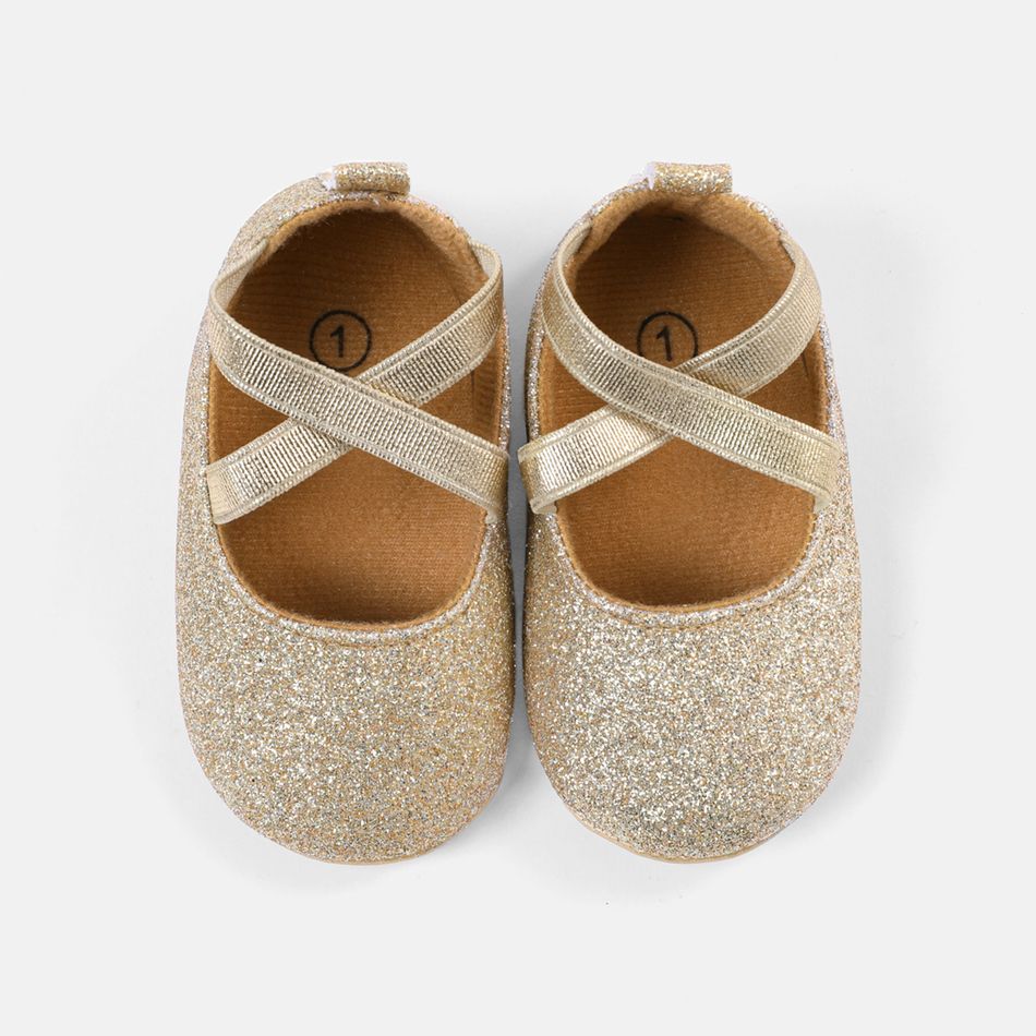 Baby / Toddler Allover Glitter Decor Crisscross Elastic Strap Prewalker Shoes Gold big image 3