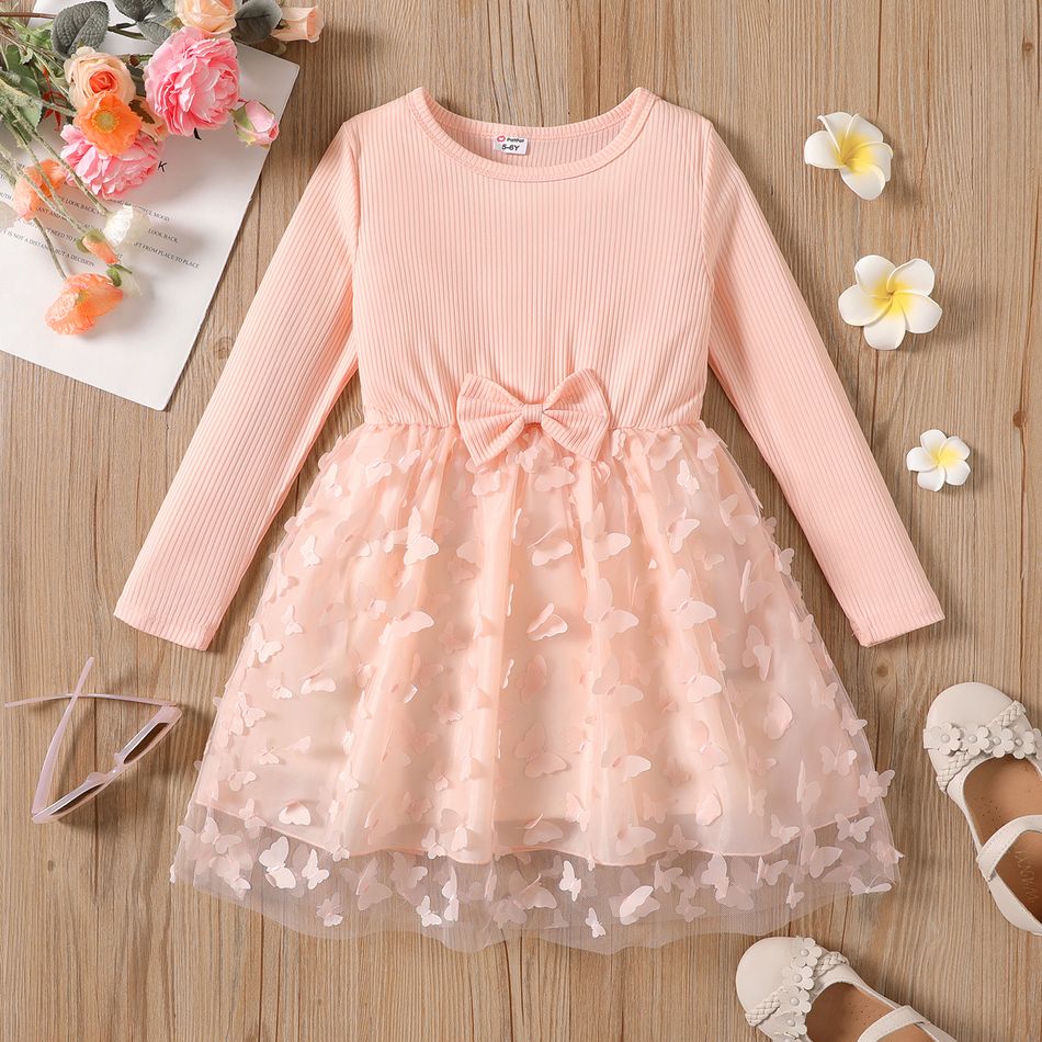 Kid Girl 3D Butterfly Design Mesh Splice Long-sleeve Dress Pink big image 1