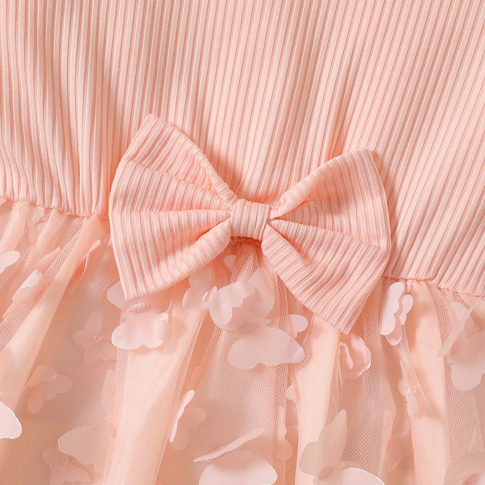 Kid Girl 3D Butterfly Design Mesh Splice Long-sleeve Dress Pink big image 4