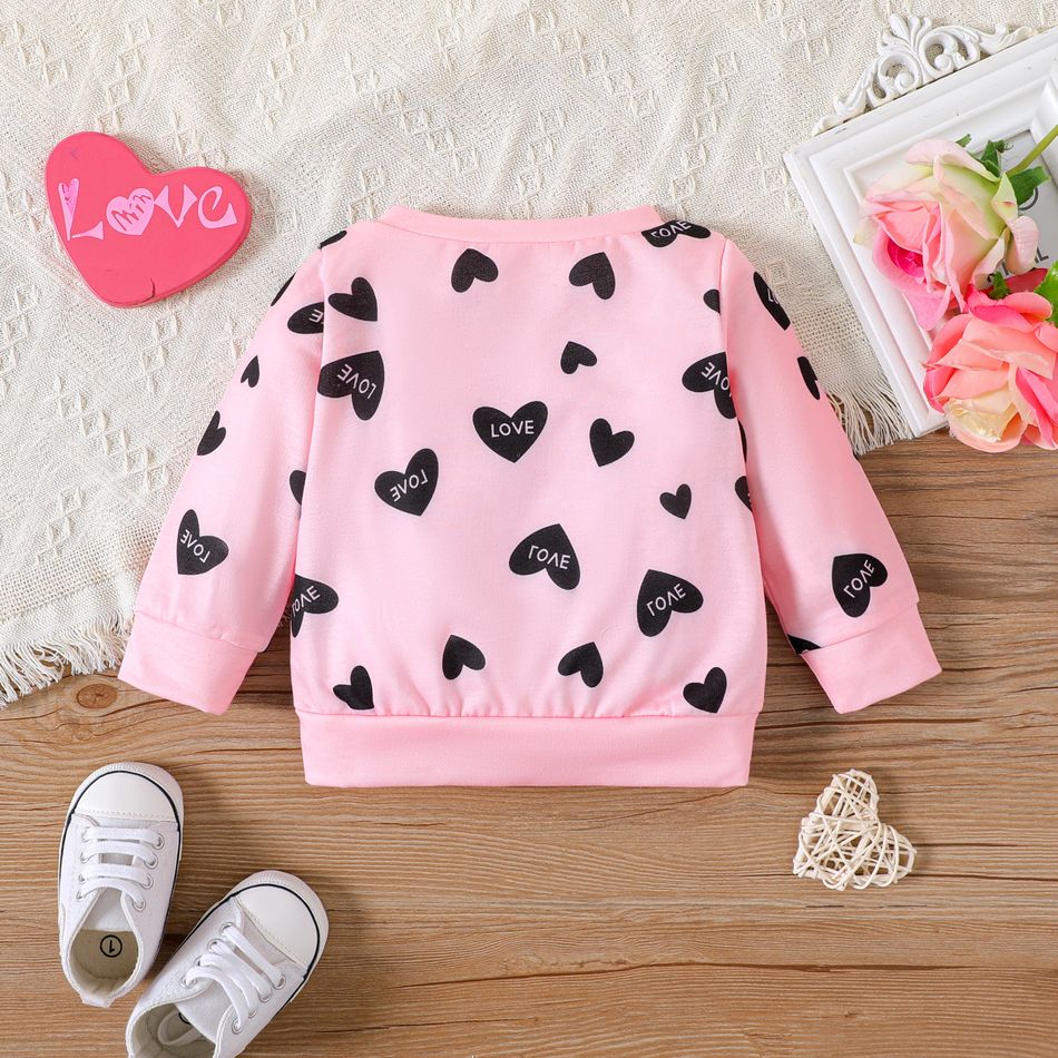 Baby Girl Allover Heart & Letter Print Long-sleeve Sweatshirt Pink big image 2