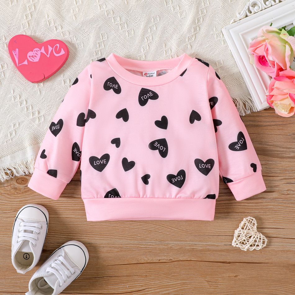 Baby Girl Allover Heart & Letter Print Long-sleeve Sweatshirt Pink big image 1