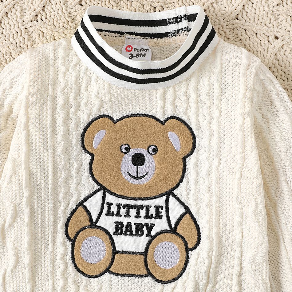 2pcs Baby Boy Bear Embroidered Striped Mock Neck Long-sleeve Cable Knit Sweater and Sweatpants Set OffWhite big image 3