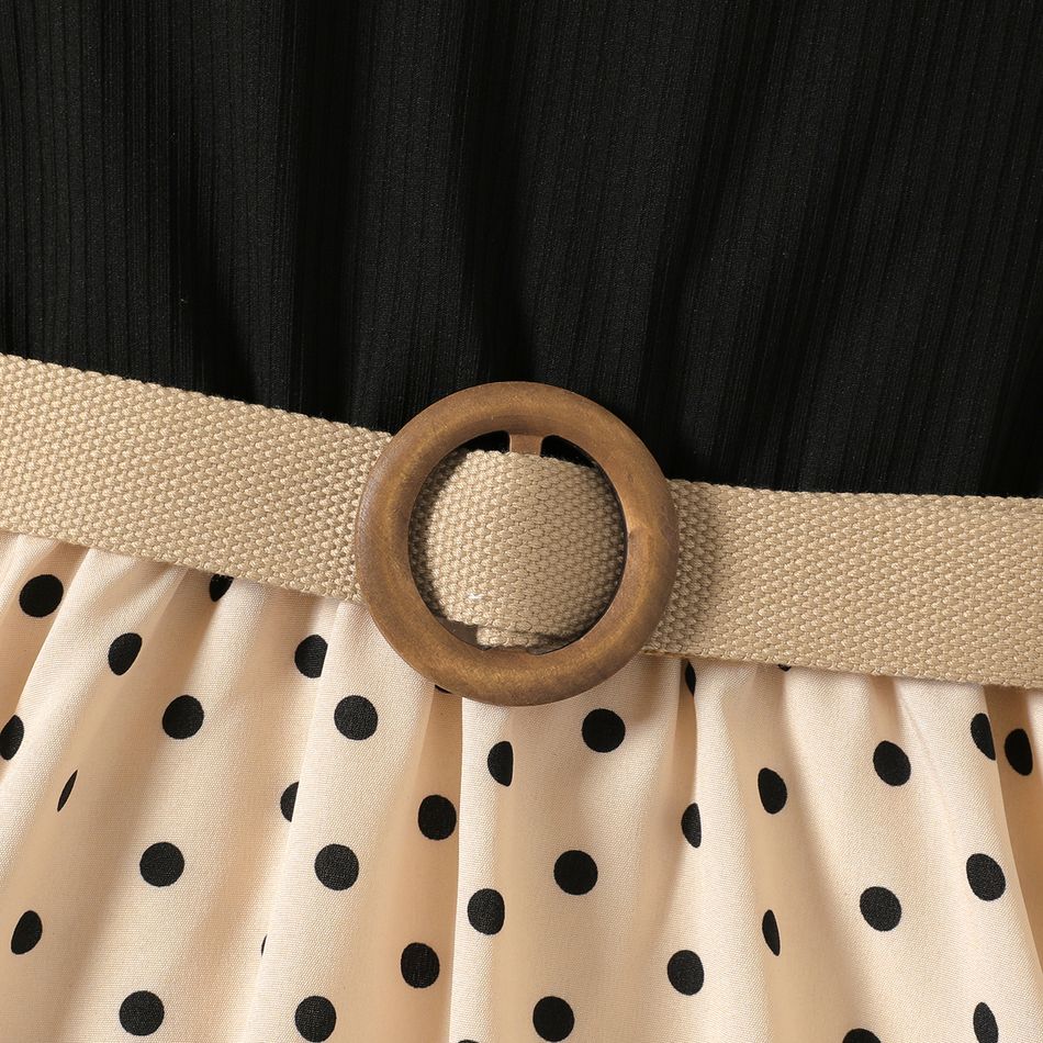 2pcs Kid Girl Polka dots Ribbed Splice Sleeveless Dress & Belt Black big image 3