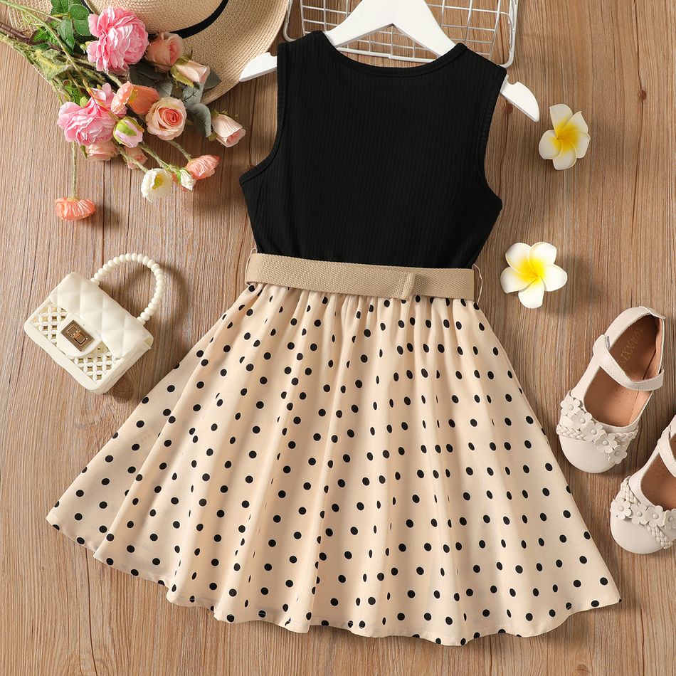 2pcs Kid Girl Polka dots Ribbed Splice Sleeveless Dress & Belt Black big image 2