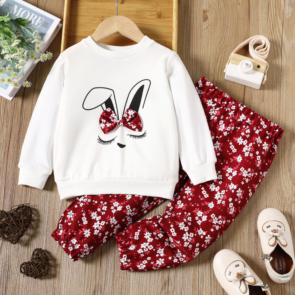 2pcs Toddler Girl Sweet Rabbit Print Sweatshirt and Floral Print  Pants Set White big image 1