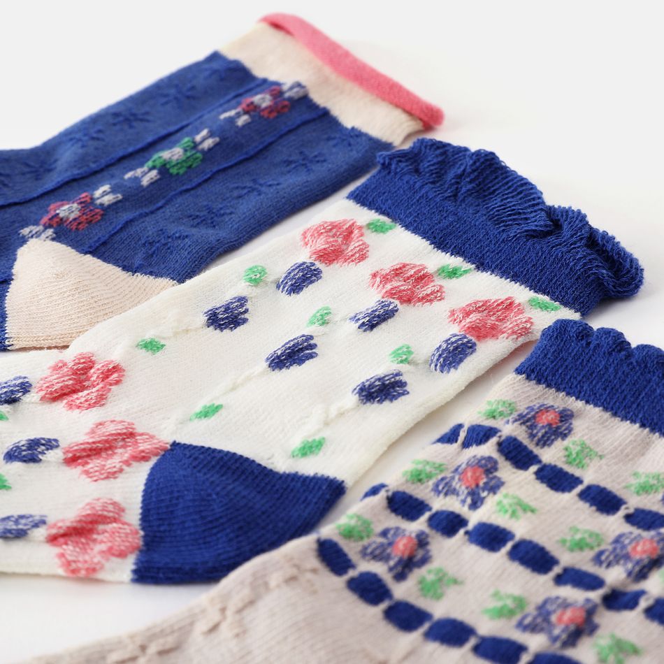 Conjunto de 3 pares de meias de jacquard floral colorblock bebê/criança Azul Marinho big image 4