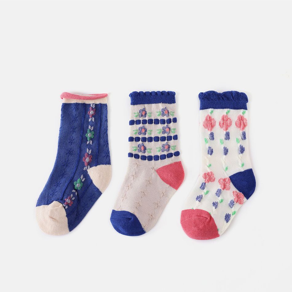 3-pairs Baby / Toddler Colorblock Floral Jacquard Socks Set Navy big image 3