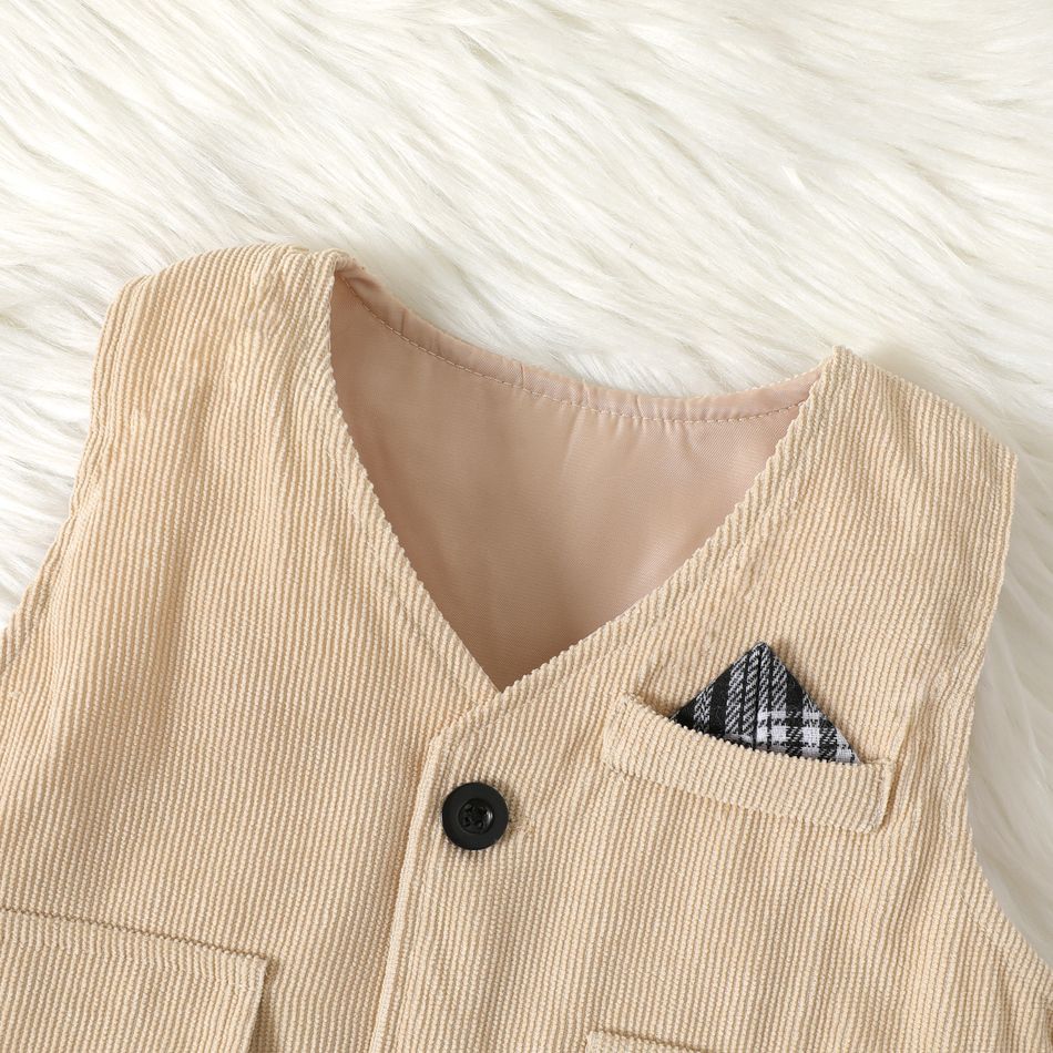 3pcs Baby Boy Party Outfits Long-sleeve Plaid Shirt and Khaki Corduroy Waistcoat & Pants Set Khaki big image 4