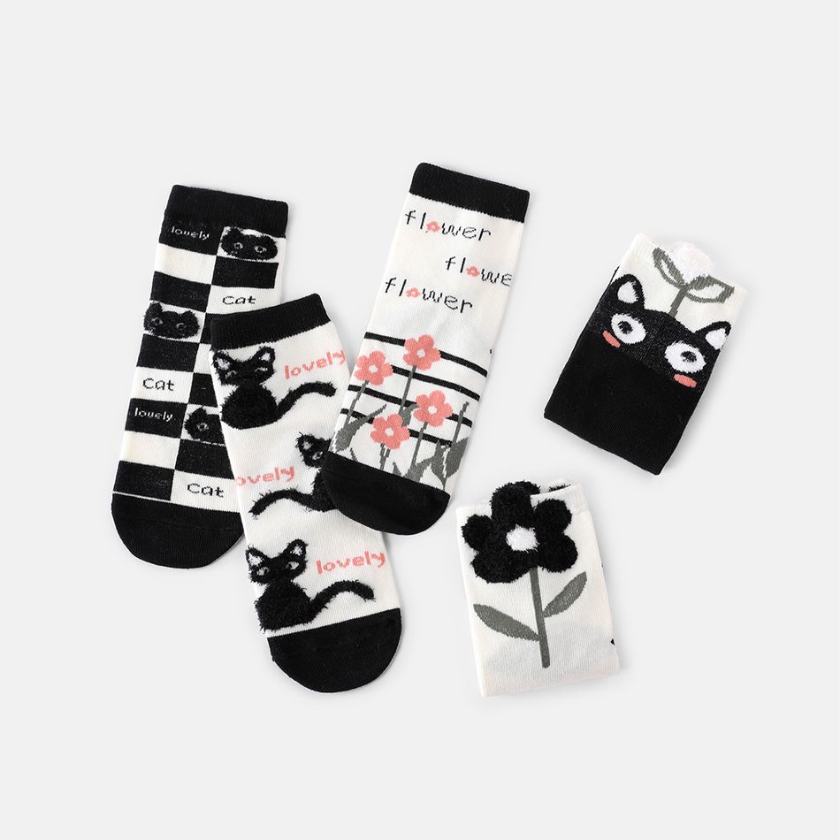 5-pairs Toddler Floral & Animal Print Crew Socks Set Black