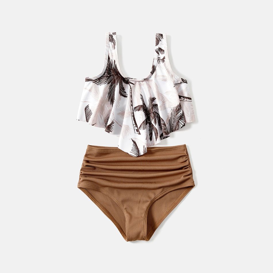Family Matching Allover Coconut Tree Print Spliced Ruched One-piece Swimsuit and Swim Trunks Khaki big image 7