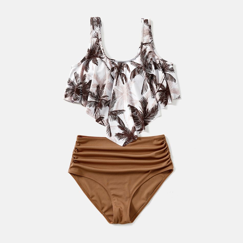 Family Matching Allover Coconut Tree Print Spliced Ruched One-piece Swimsuit and Swim Trunks Khaki big image 3