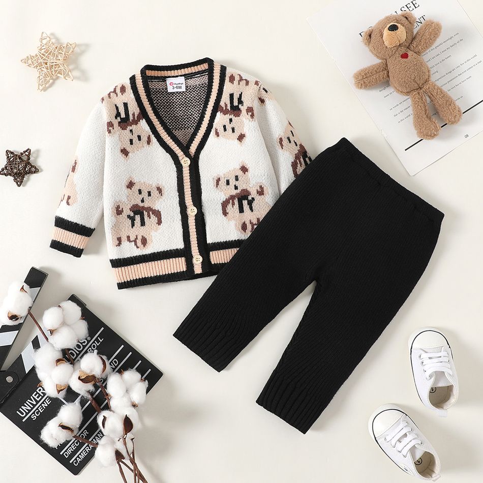 2pcs Baby Boy/Girl Allover Bear Pattern Long-sleeve Knitted Sweater Cardigan and Pants Set Black big image 1