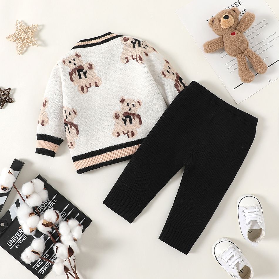 2pcs Baby Boy/Girl Allover Bear Pattern Long-sleeve Knitted Sweater Cardigan and Pants Set Black big image 2