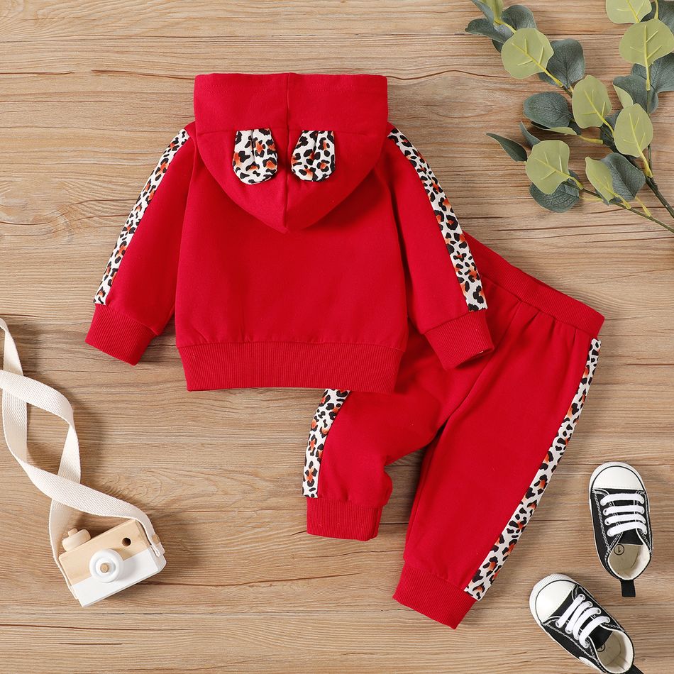 2pcs Baby Girl Leopard Ears Design Heart Graphic Long-sleeve Hoodie and Sweatpants Set Red big image 3