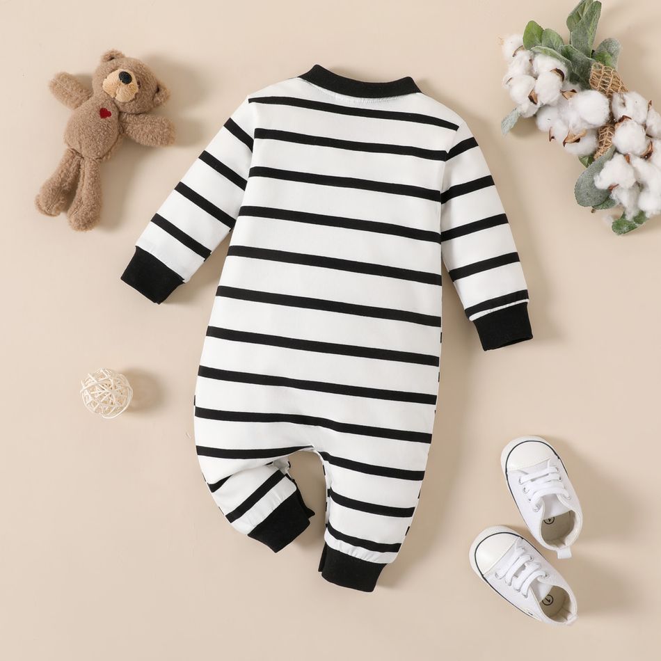 Baby Boy Bear Print Polo Neck Long-sleeve Striped Jumpsuit White big image 2
