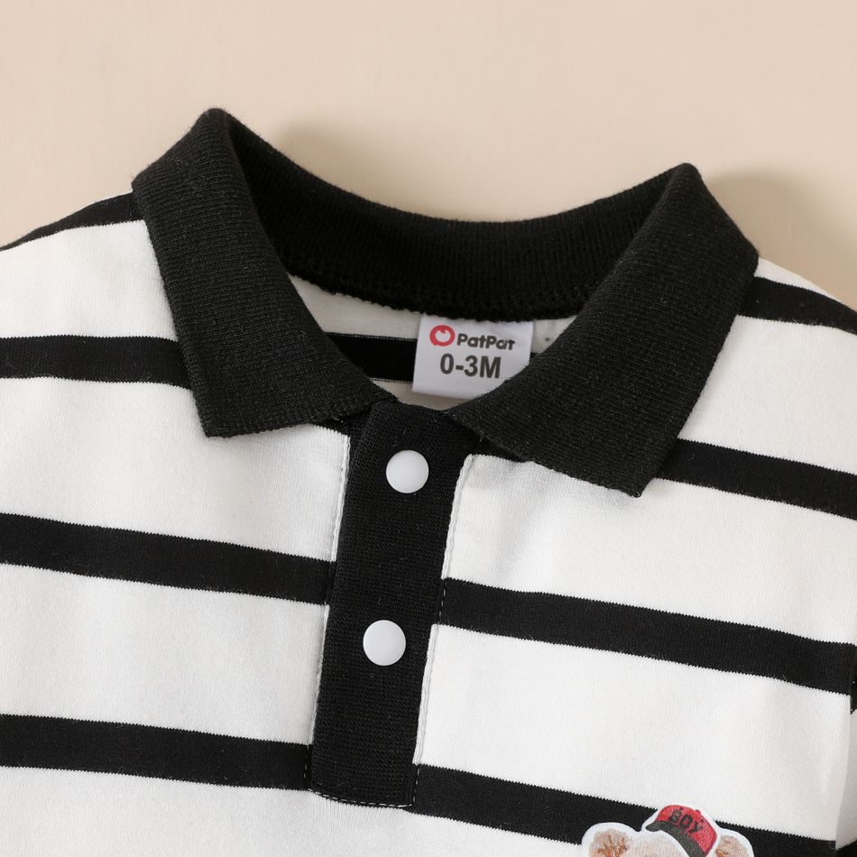 Baby Boy Bear Print Polo Neck Long-sleeve Striped Jumpsuit White big image 3