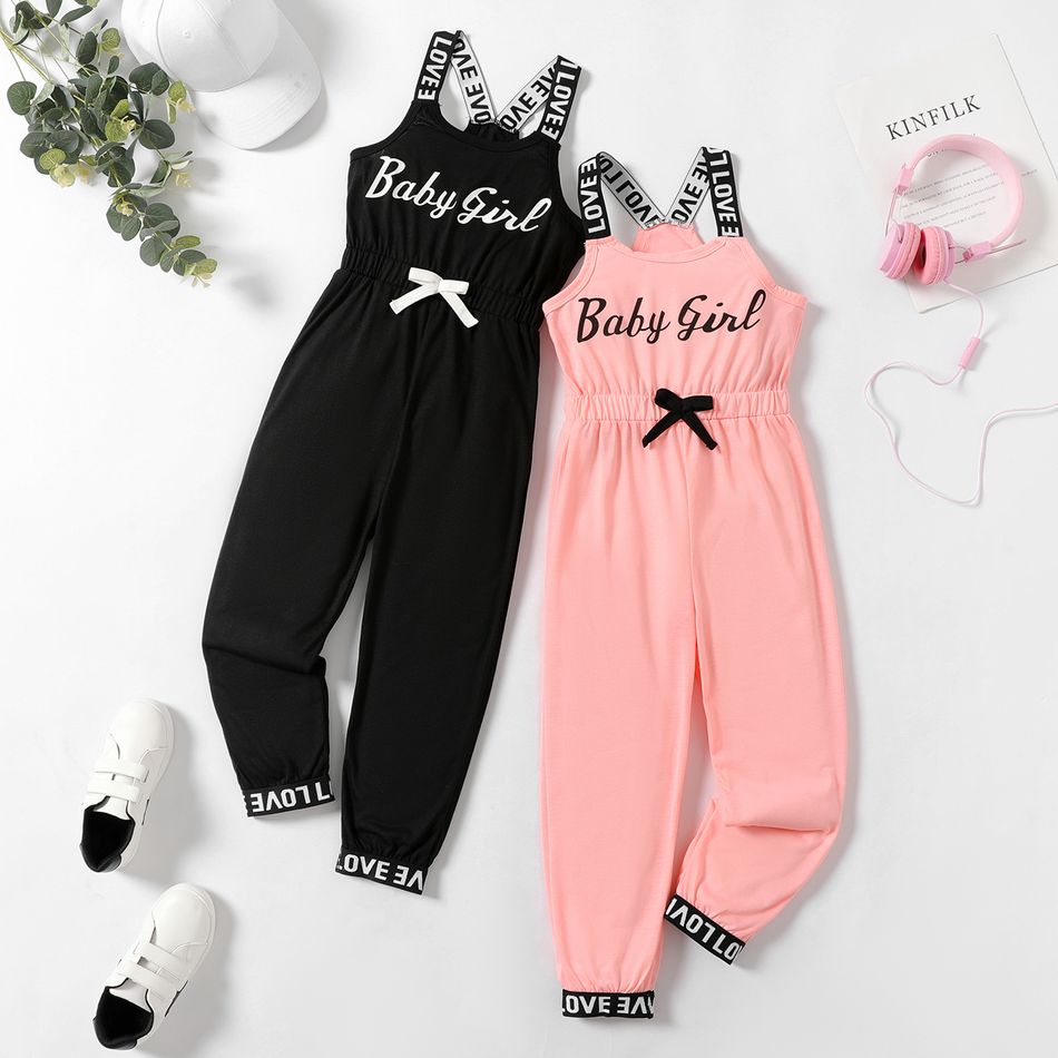 Kid Girl Letter Print Bowknot Design Sleeveless Jumpsuits Pink big image 2