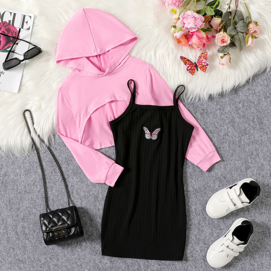 2pcs Kid Girl Butterfly Embroidered Slip Dress and Super Crop Hoodie Set Pink