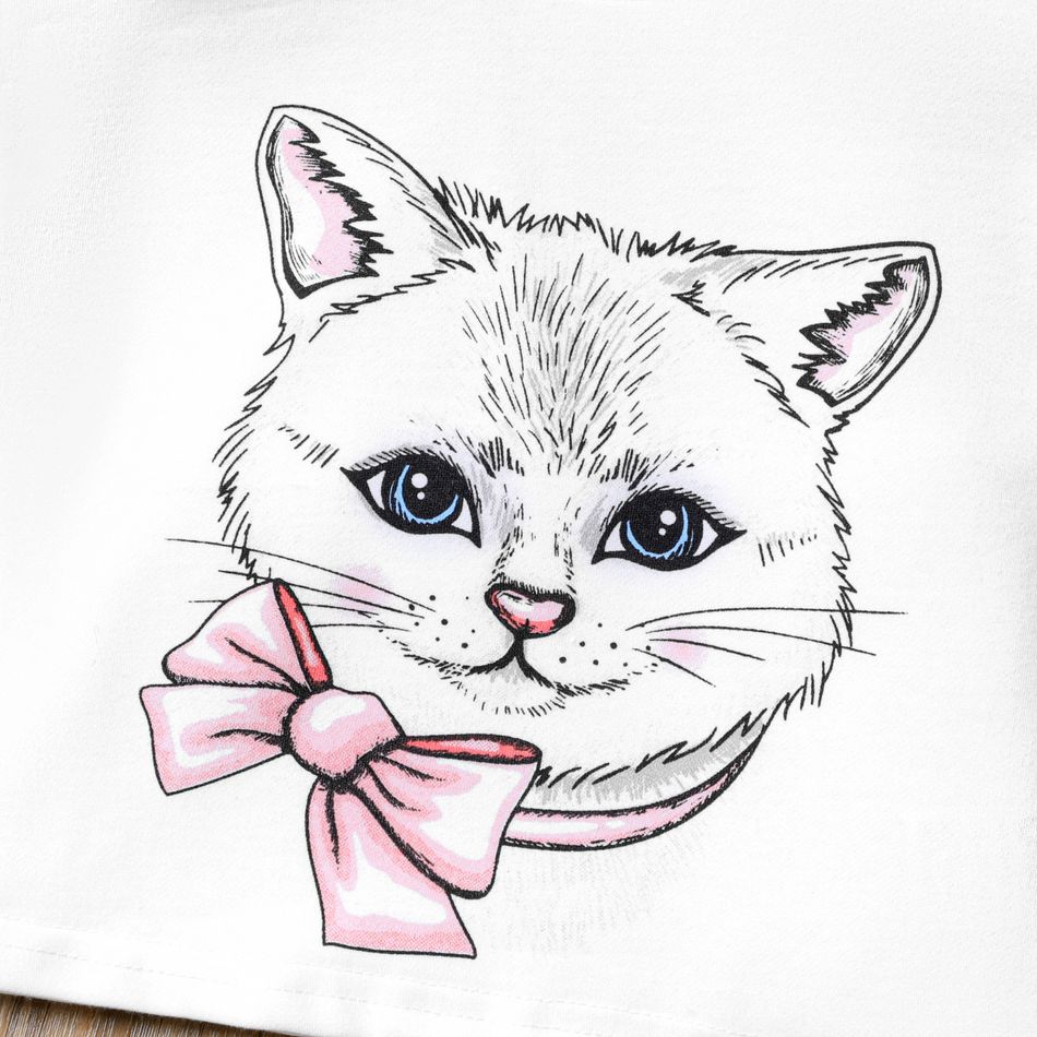2pcs Kid Girl Cat Kitty Print Long-sleeve Tee and 3D Bowknot Design Smocked Skirt Set White big image 3