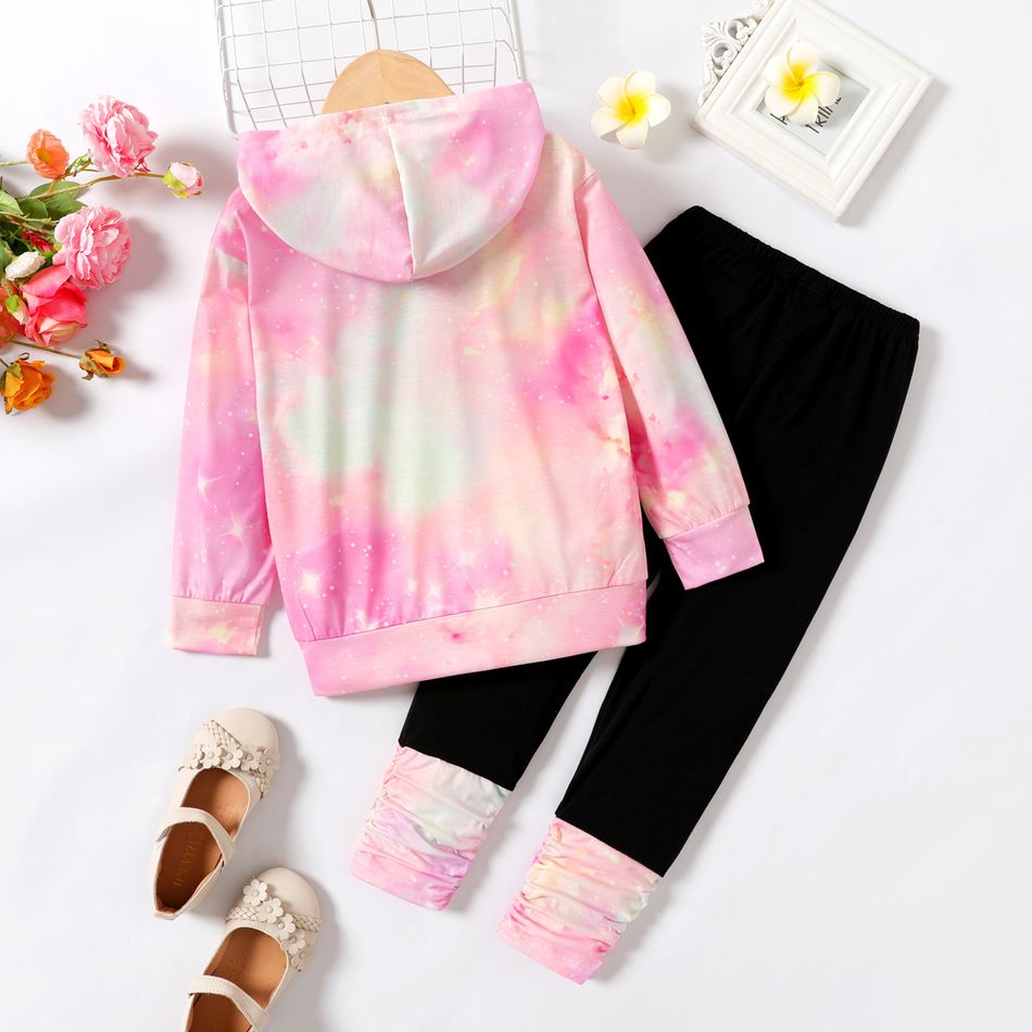 2pcs Kid Girl Unicorn Print Tie Dyed Hoodie Sweatshirt and Elasticized Leggings Set Pink big image 2